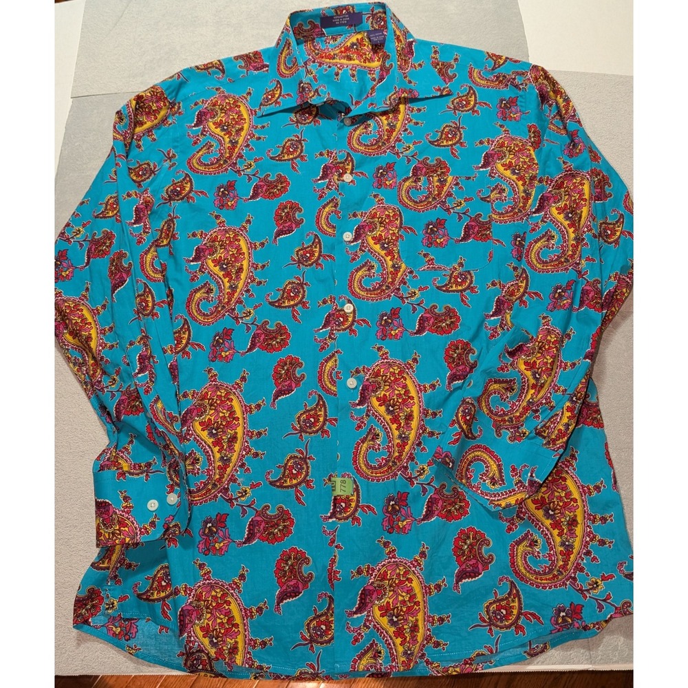 Alan Flusser Men's Paisley Button Front Shirt Large Blue Pink Cotton Long Sleeve
